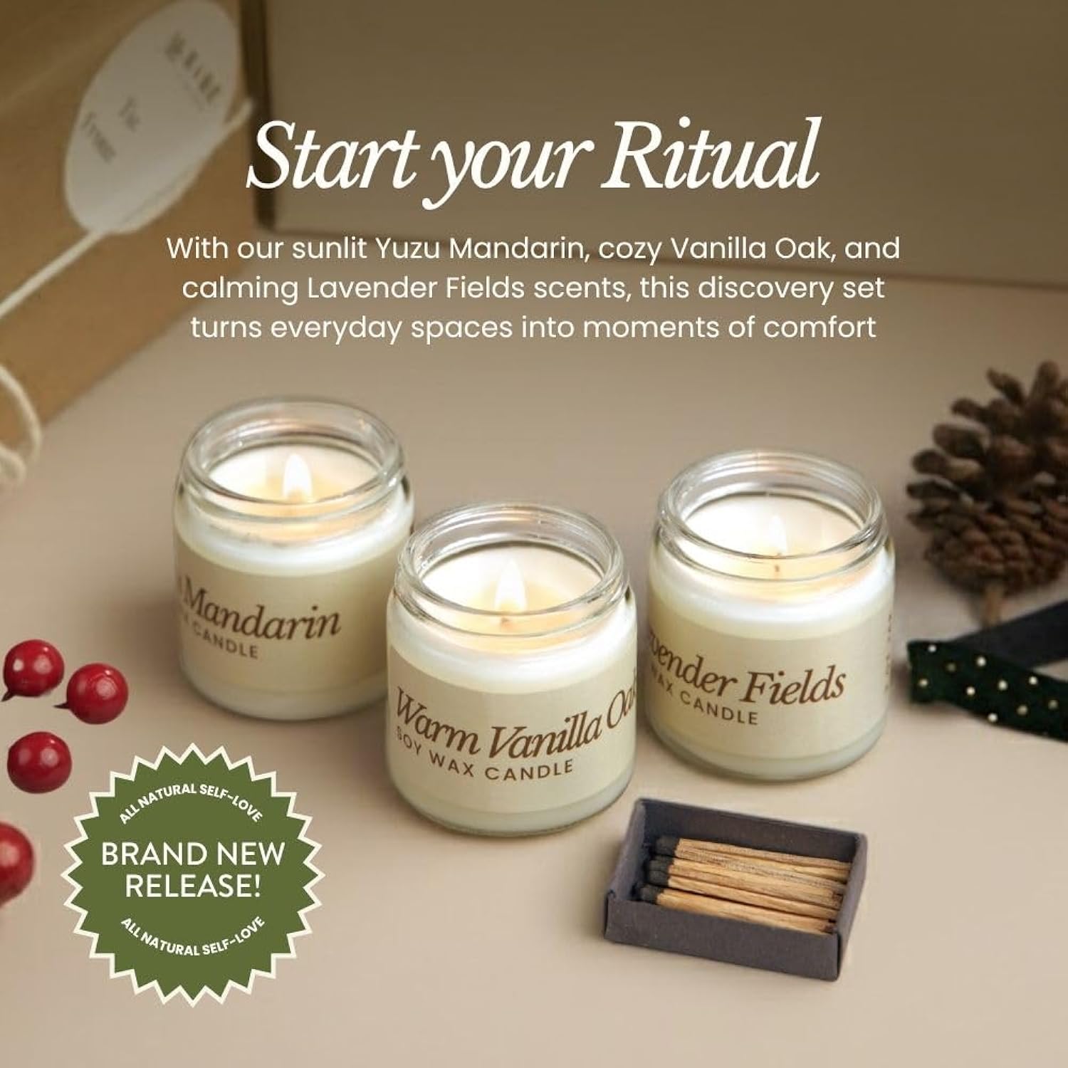 Soy Candle Gift Set 3 Pcs - 100% Plant-Based Fragrance Oils - Premium, Non-Toxic Candle - Softly Scented Natural Soy Wax - Handpoured In Wi - Discovery Candle Set And Ready To Gift