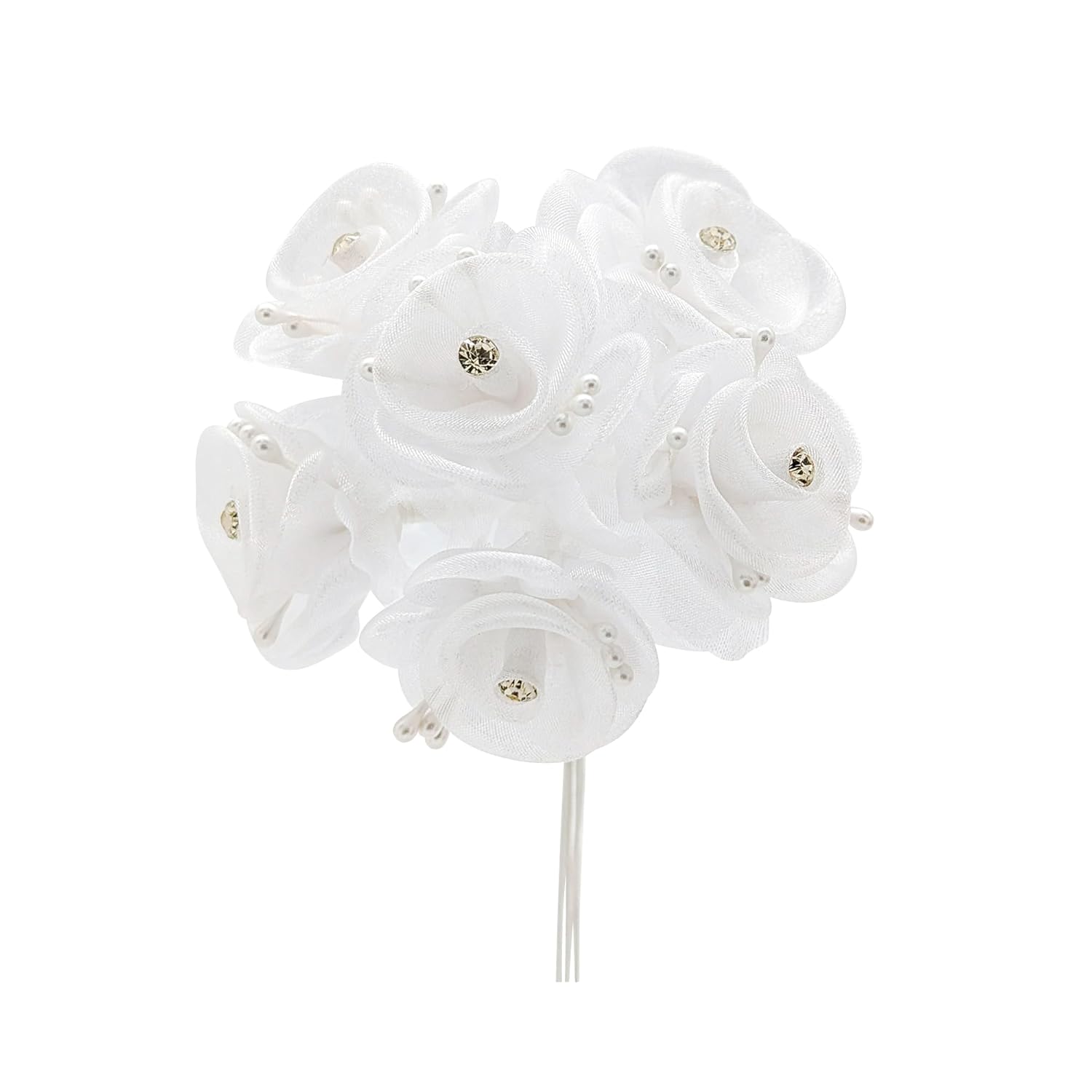 72Pc Artificial Organza Rhinestone Craft Flower For Home Craft Decor Diy Wedding Bridal Veil Headband Dress Cake Topper Embellishment Scrapbook Favor Corsage Floral Bouquet Arrangement (White)