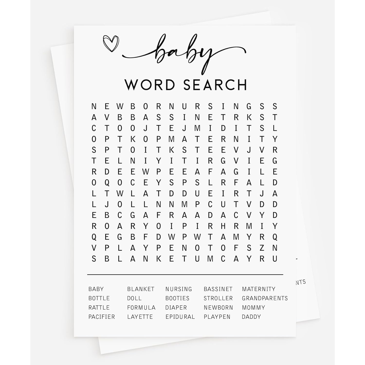 50 Baby Shower Word Search Game (50-Cards) Fun Baby Shower Word Find Game Activity, Gender Neutral Boy Or Girl, Minimalist Script Greeting Card