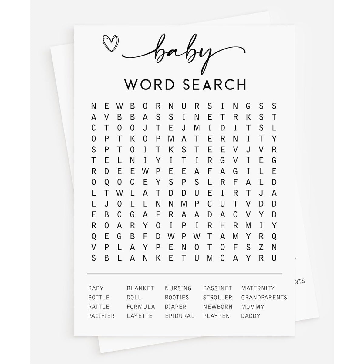 50 Baby Shower Word Search Game (50-Cards) Fun Baby Shower Word Find Game Activity, Gender Neutral Boy Or Girl, Minimalist Script Greeting Card