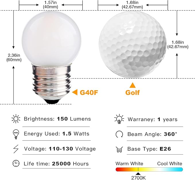 G40 1.5W LED Bulbs 15W Equivalent Small E26 Base Light Bulbs