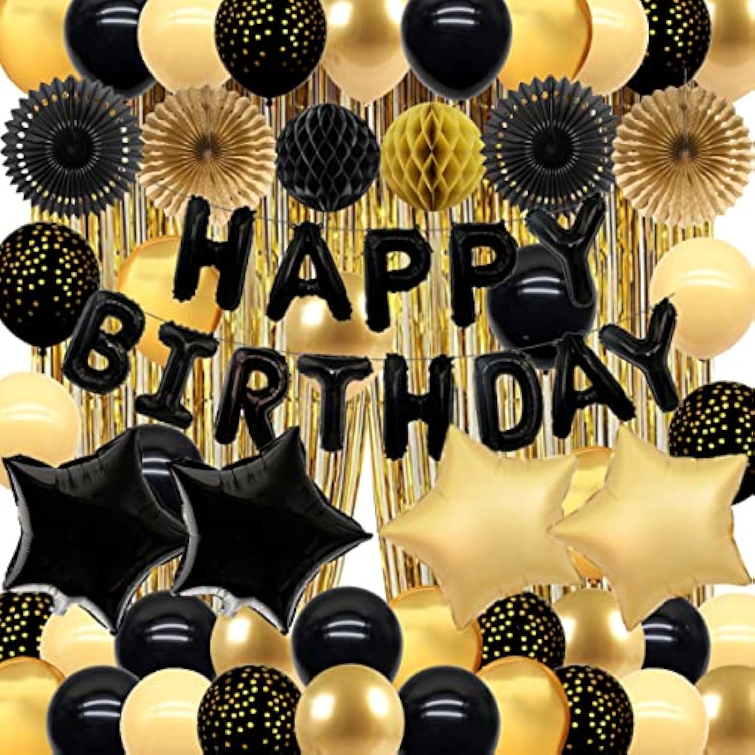 Black And Gold Party Birthday Decorations Men Black Happy Birthday Banner Black Gold Balloons Foil Fringe Curtain Bday Decor Women Boys 13Th 16 18Th 21St 25Th 30Th 40Th 50Th 60Th 70Th