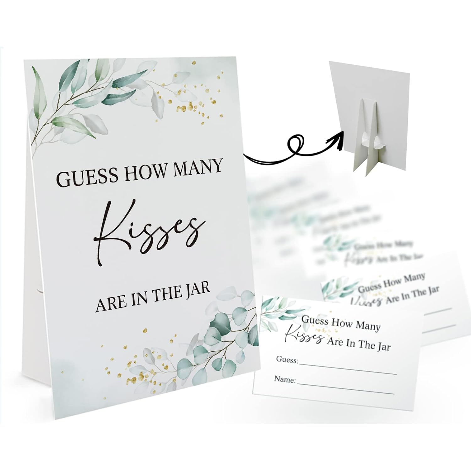 How Many Kisses Are In The Jar Game-1 Standing Sign And 50 Guessing Cards, Greenery Bridal Shower Games, Baby Shower Sign, Baby Shower Favors And Weddings Party Decoration-03