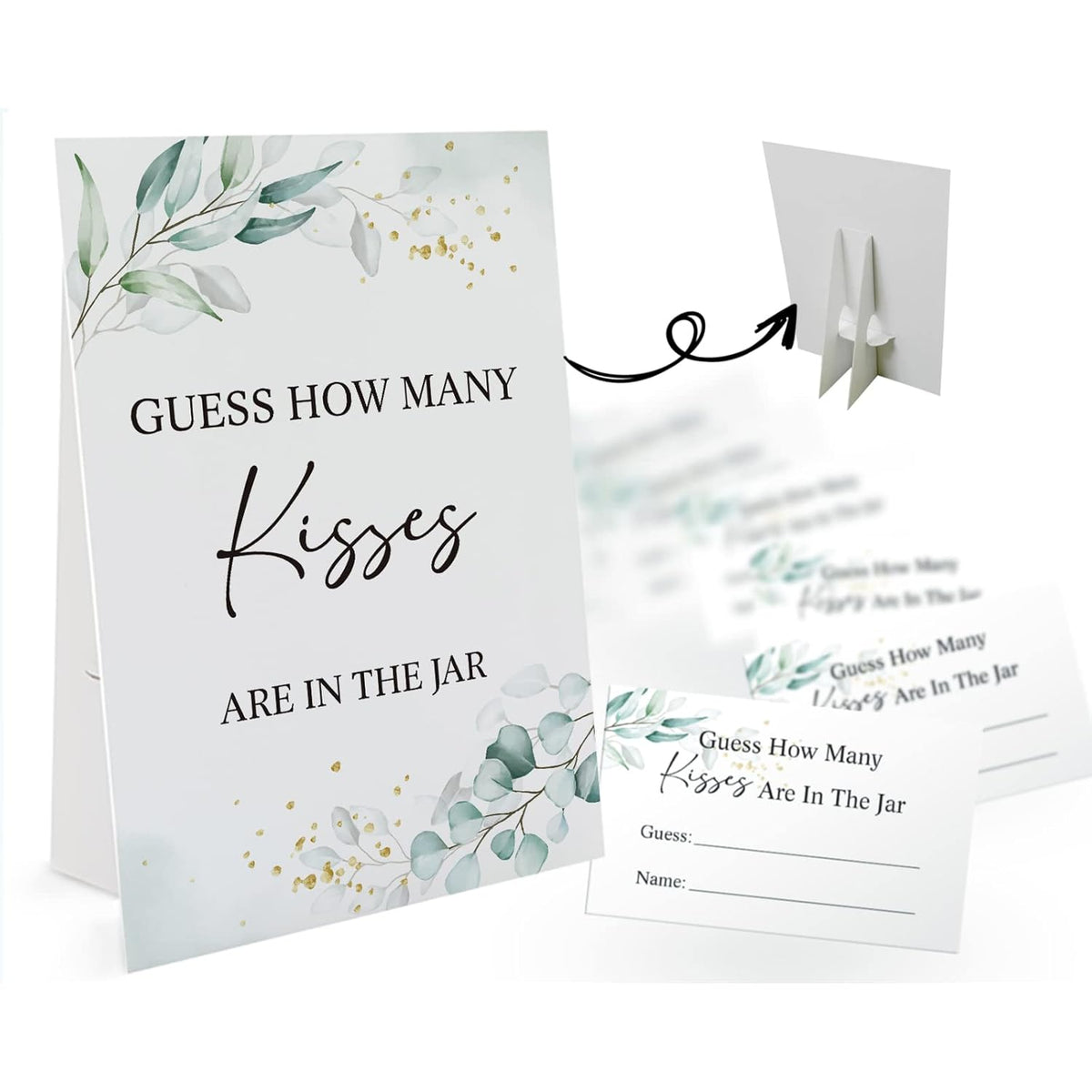 How Many Kisses Are In The Jar Game-1 Standing Sign And 50 Guessing Cards, Greenery Bridal Shower Games, Baby Shower Sign, Baby Shower Favors And Weddings Party Decoration-03