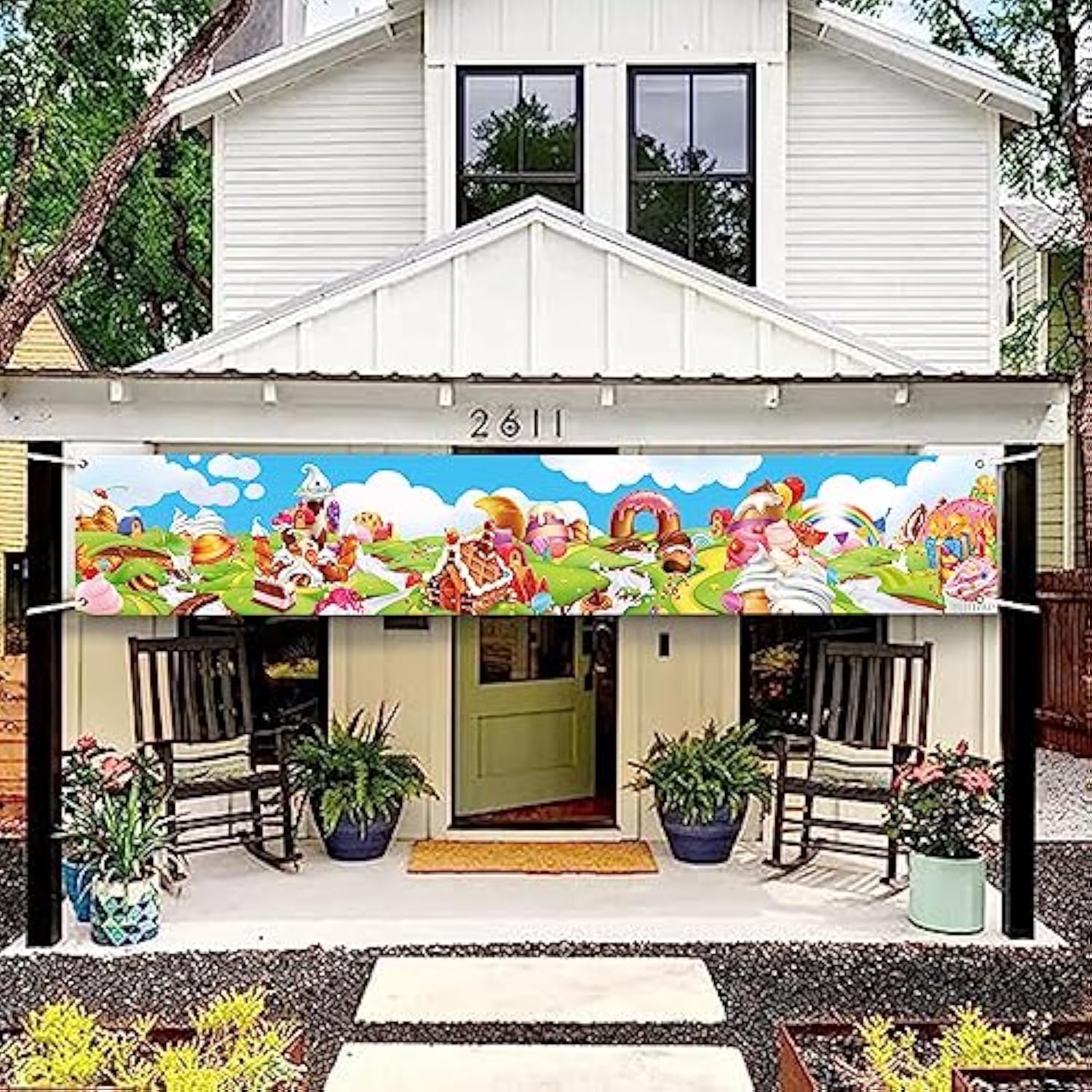 118 X 20 In Candyland Sweet Cartoon Rainbow Cupcake Ice Cream Castle Theme Yard Banner Sign Decorations Baby Shower Girls Birthday Party Cake Table Polyester Supplies