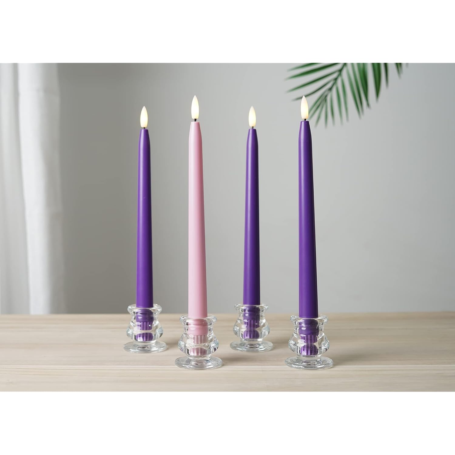 Flameless Advent Candles, Set Of 4 - Flickering Led Flame, 11 Inch Taper Candlesticks, Remote Controlled, Purple And Pink For Christmas Wreath