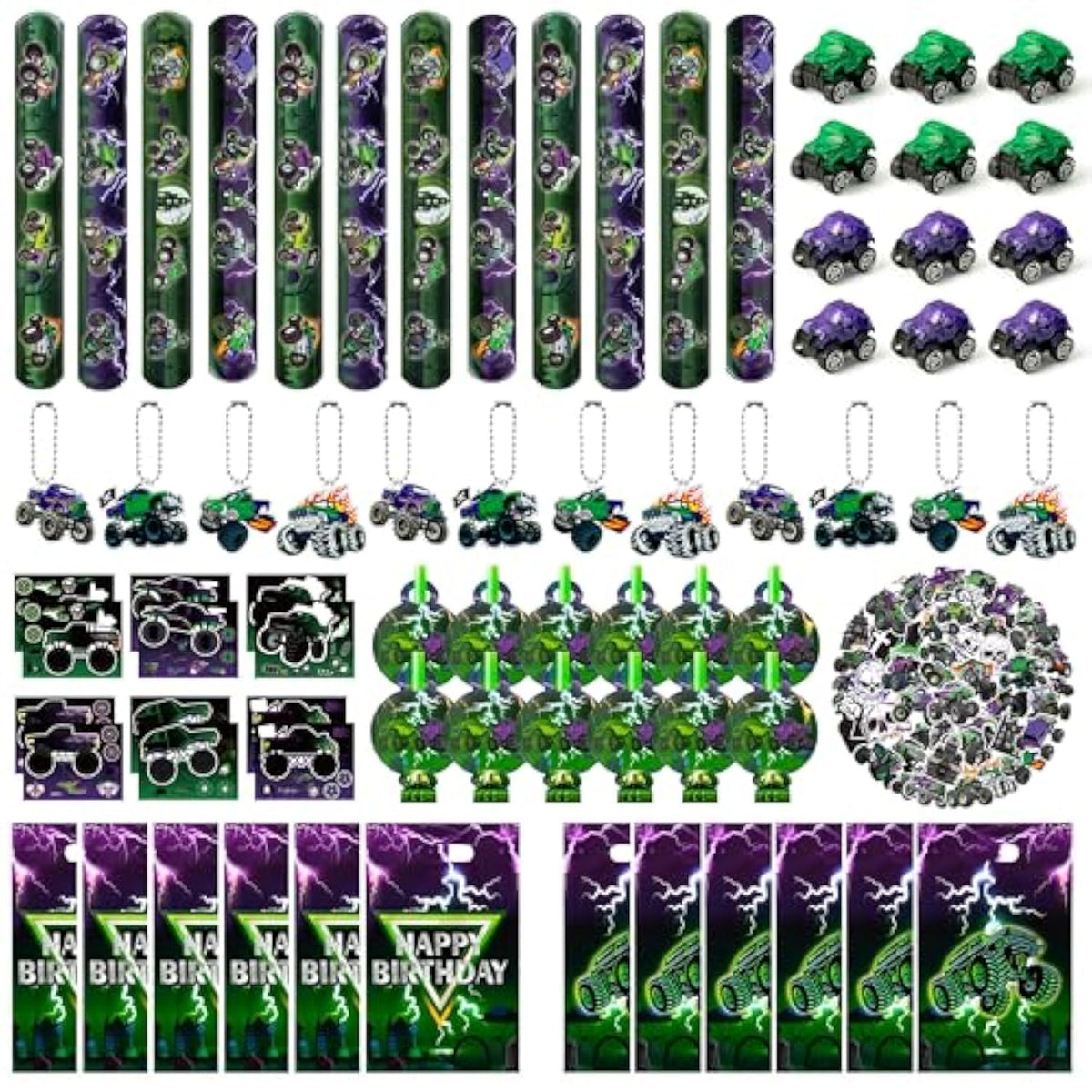 Green Purple Monster Truck Party Favor - 122Pcs Monster Truck Slap Bracelets Sticker Blowouts Noisemaker Mini Vehicles Car Toy Keychain Waith Gift Bag For Kids Birthday Party Goodie Bag Supply