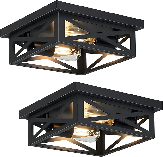 2 Pack Black Flush Mount Ceiling Light Fixtures 2 Light Square Farmhouse Ceiling Lights