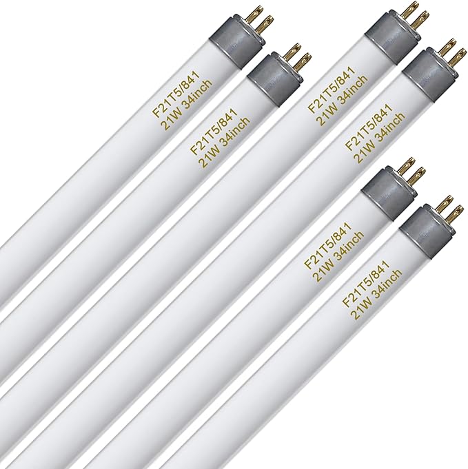6 Pack F21T5 34 Inch Fluorescent Tube Light Bulbs 21W 4100K Cool White G5 Base