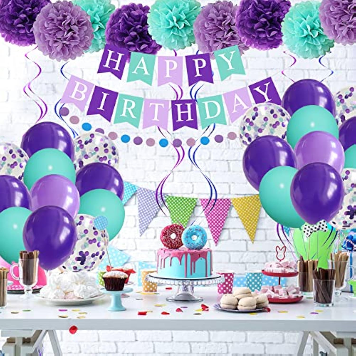 Mermaid Birthday Party Decorations Banner with Purple Mint Confetti Balloons Garland Set