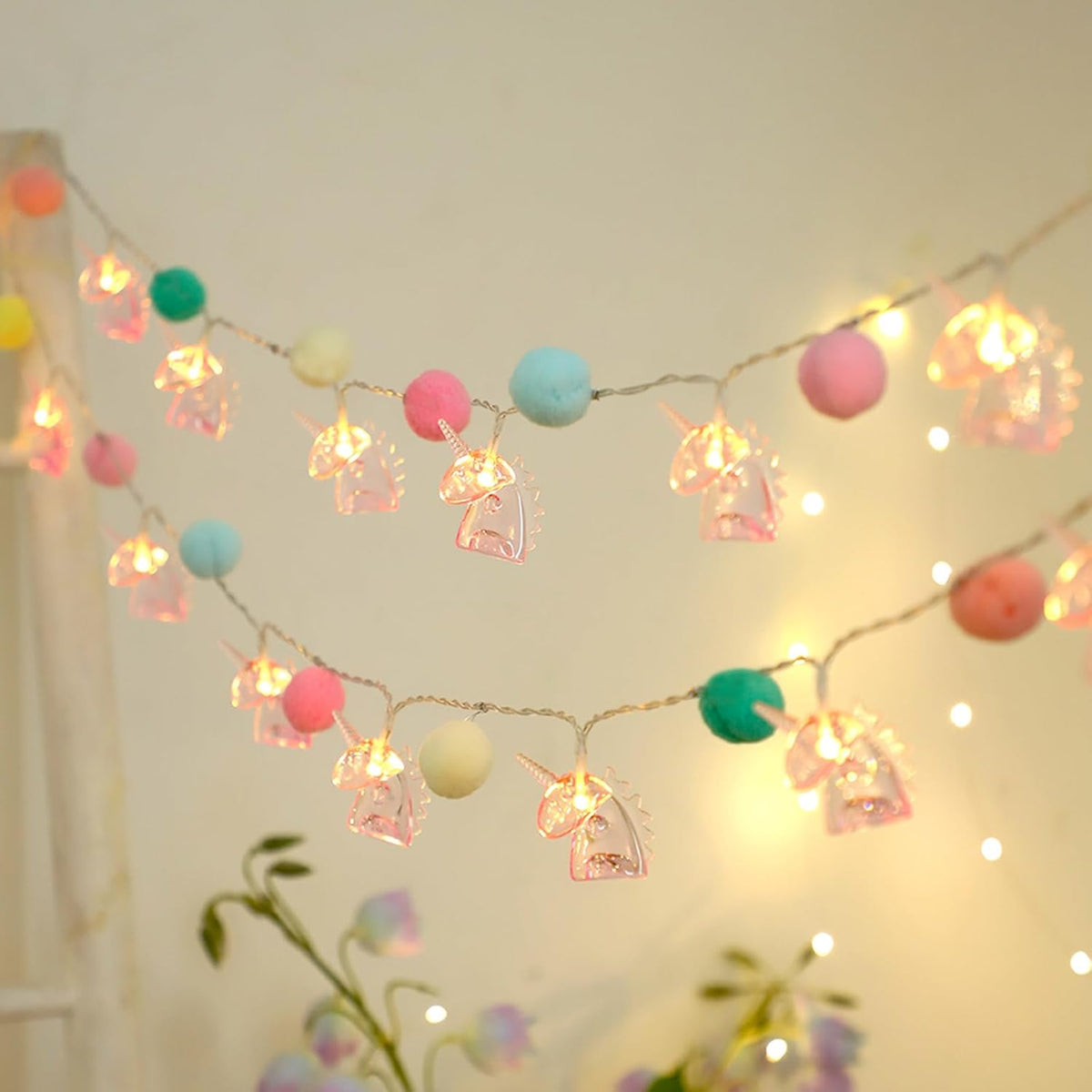9.85Ft Unicorn String Lights Cute Pom Poms Fairy Led String Lights Battery Operated With Timer Decor Lights For Kids Bed