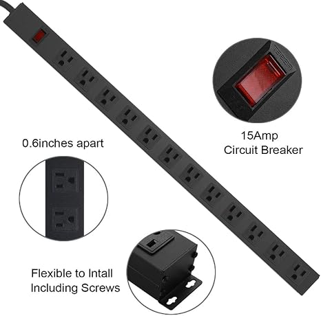 Heavy Duty Metal Surge Protector Power Strip 12 Outlets 6FT Extension Cord Wall Mount Black