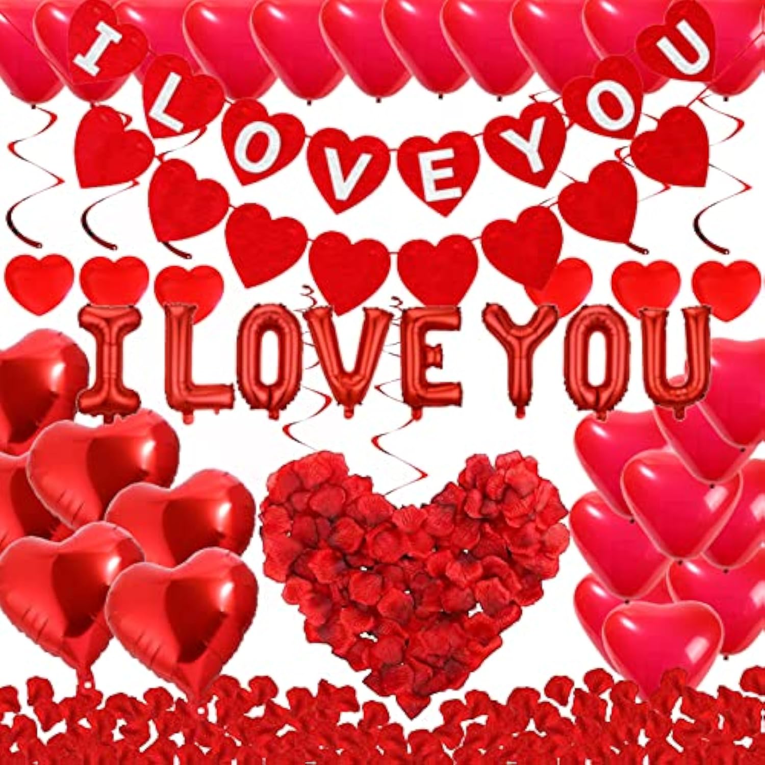 Valentine Day Party Supplies I Love You & Love-Bear Balloons Kit With 1000 Pcs Dark-Red Silk Rose Petals & Romantic Flower Decoration Red Heart Balloons Swirls For Wedding Decorations