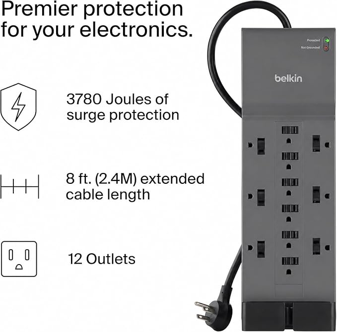 12 Outlet Surge Protector Power Strip 8FT Heavy Duty Extension Cord 3780J Flat Plug