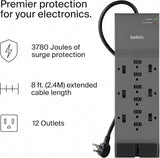 12 Outlet Surge Protector Power Strip 8FT Heavy Duty Extension Cord 3780J Flat Plug