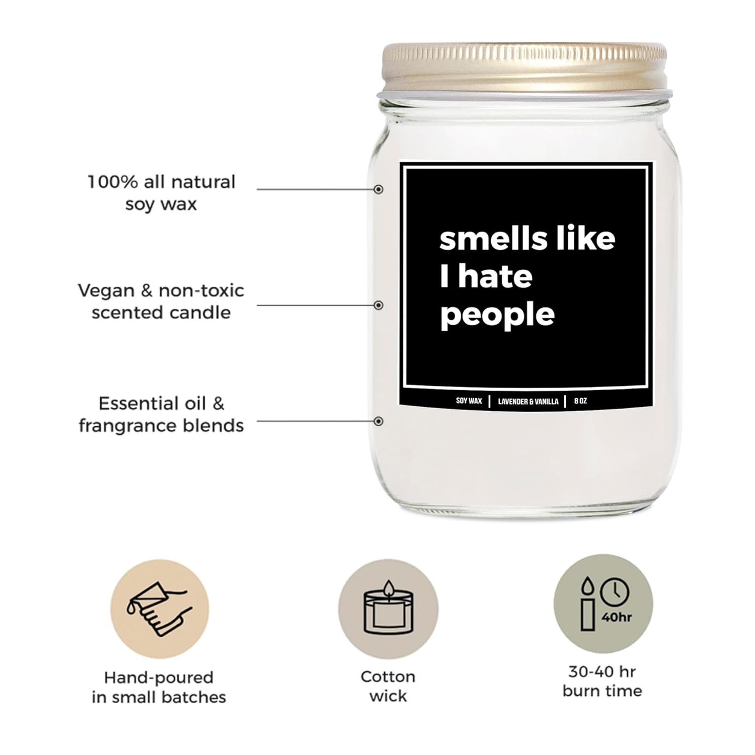 You Nique Designs I Hate People Candle 8Oz - Funny Candle Sarcastic Gifts For Friends, Coworkers - Humorous Candles For Best Friend - Fun Inappropriate Candles (Lavender & Vanilla)