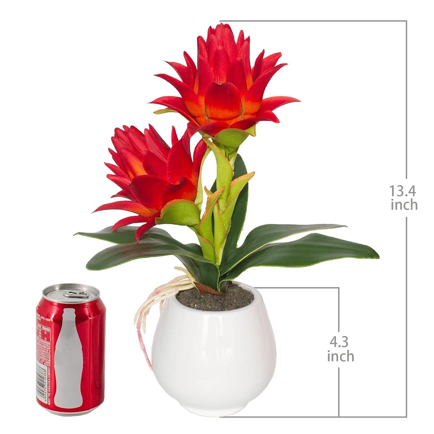 Red Potted Bromeliad - Artificial Flowers With Vase For Home And Office Decor, Aesthetic Faux Tropical Plant Bonsai, 13.4 Inch