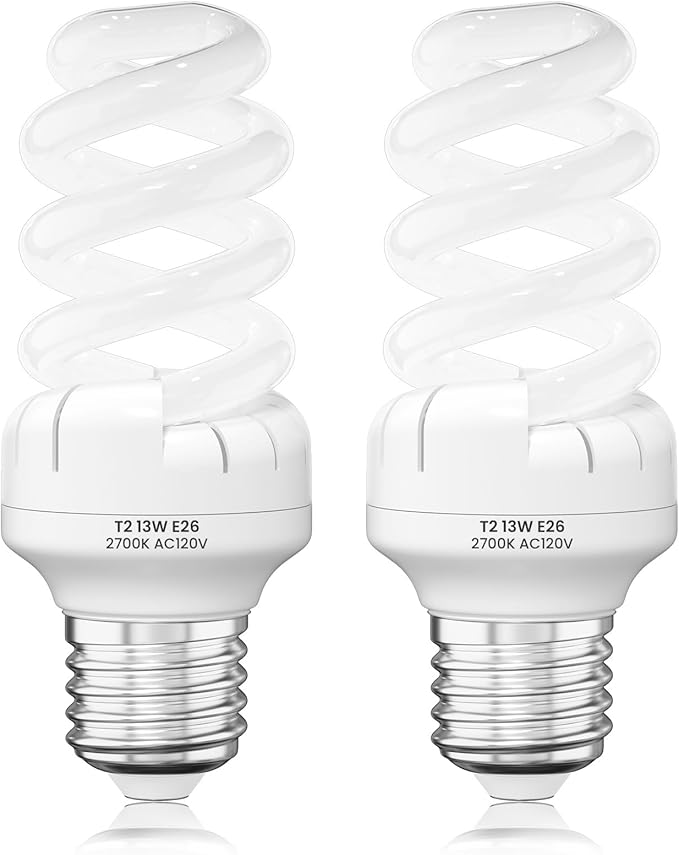 E26 CFL Light Bulbs 13W T2 Spiral 2700K Soft White 60W Equivalent Non-Dimmable 2 Pack