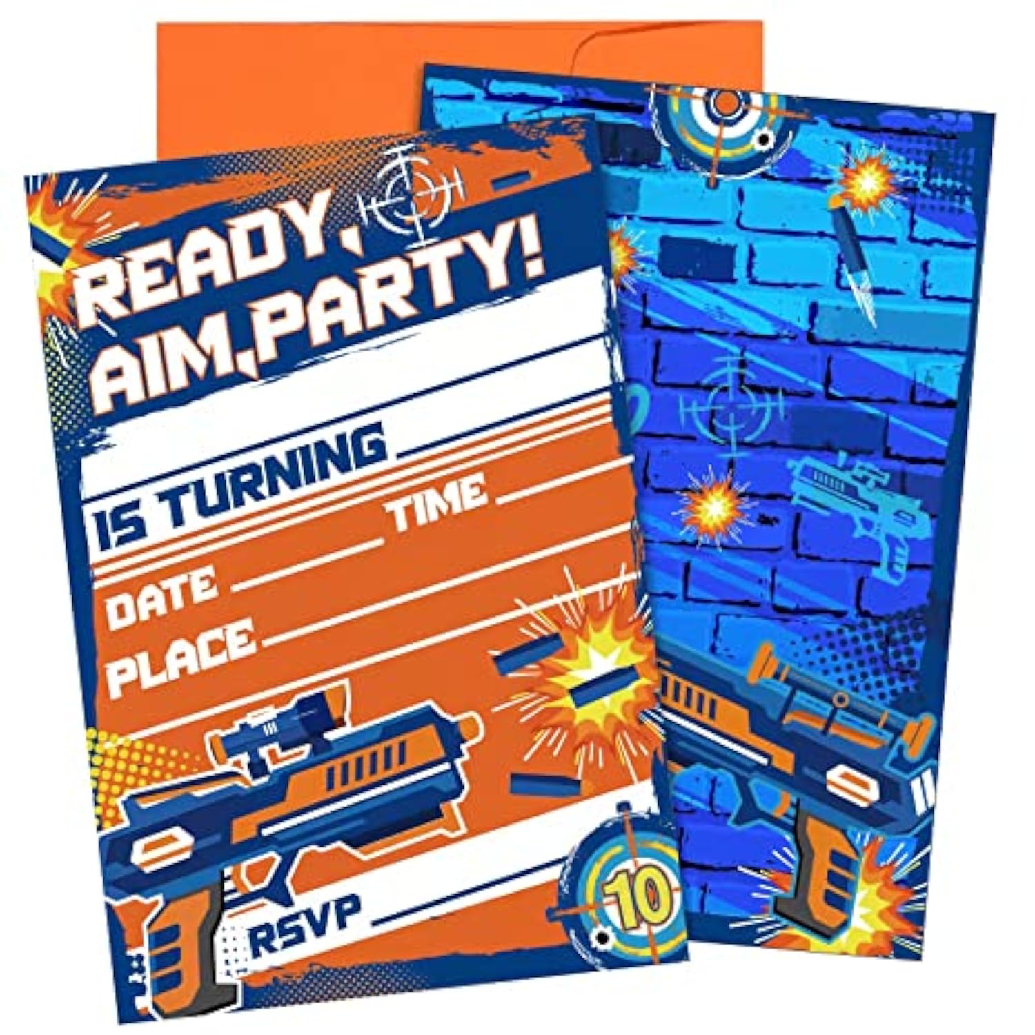Msnor 30 Packs Dart War Invitations Birthday Party Supplies Blaster Nerf Gun Battle Theme Party Invitations With 30 Orange Envelopes For Boy Kids Dart War Nerf Party Decorations Supplies Favor