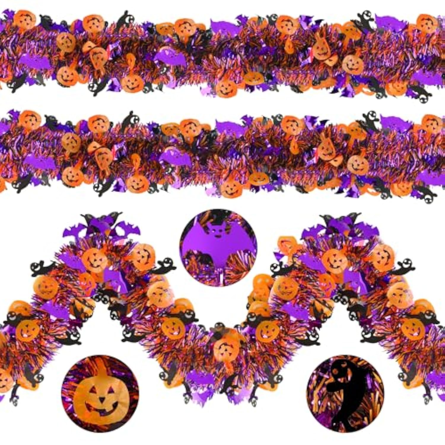 39FT Halloween Tinsel Garland with Pumpkin Ghost Bat Glitter Twist, 6PCS Party Decor
