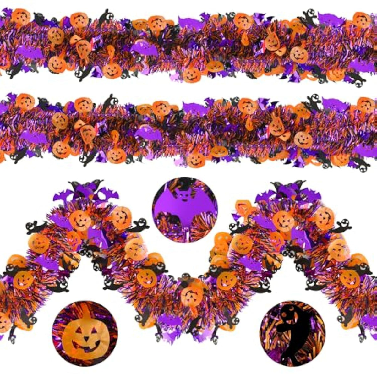 39FT Halloween Tinsel Garland with Pumpkin Ghost Bat Glitter Twist, 6PCS Party Decor
