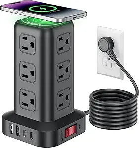Power Strip Tower 12 Outlets 4 USB Ports 6.5FT Extension Cord Outlet Extender Black