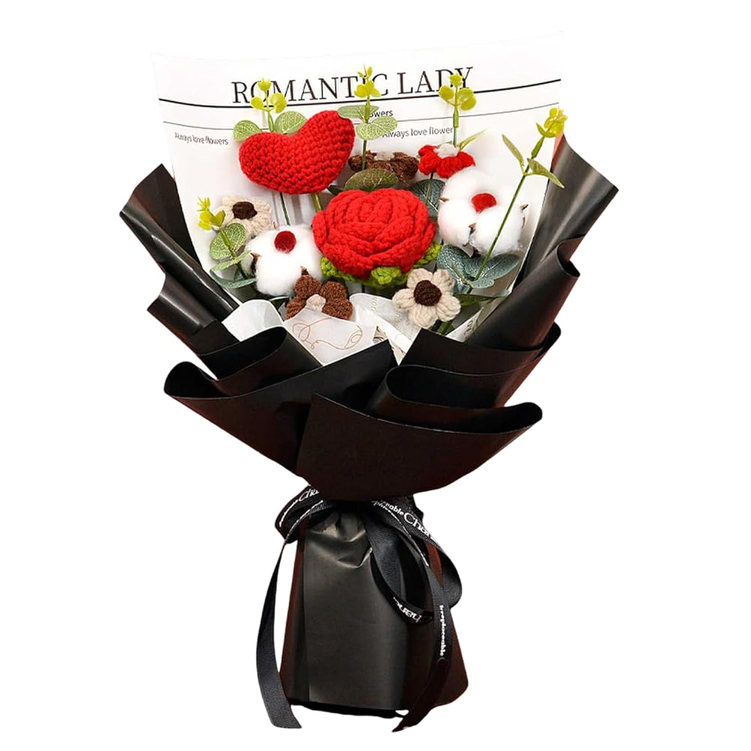 Crochet Flower Rose & Heart Bouquet Handmade Artificial Flower Knitted Bouquet For Valentine'S Day Wedding Graduation Anniversary (Black)