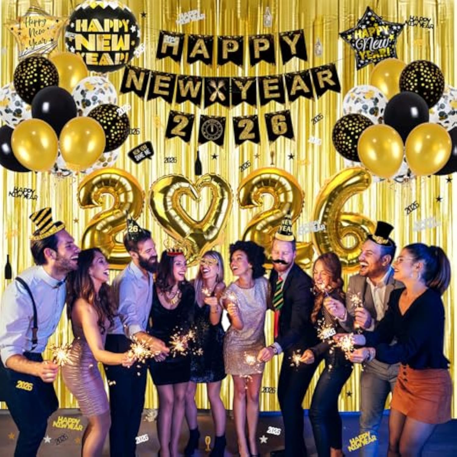 New Years Eve Party Supplies 2026, Black Gold 2026 Happy New Years Decorations Set Happy New Year Banner, Hats, Glasses, Blowouts, Latex Balloons, Curtains, Numbers 2026 Balloons, New Year Photo Props