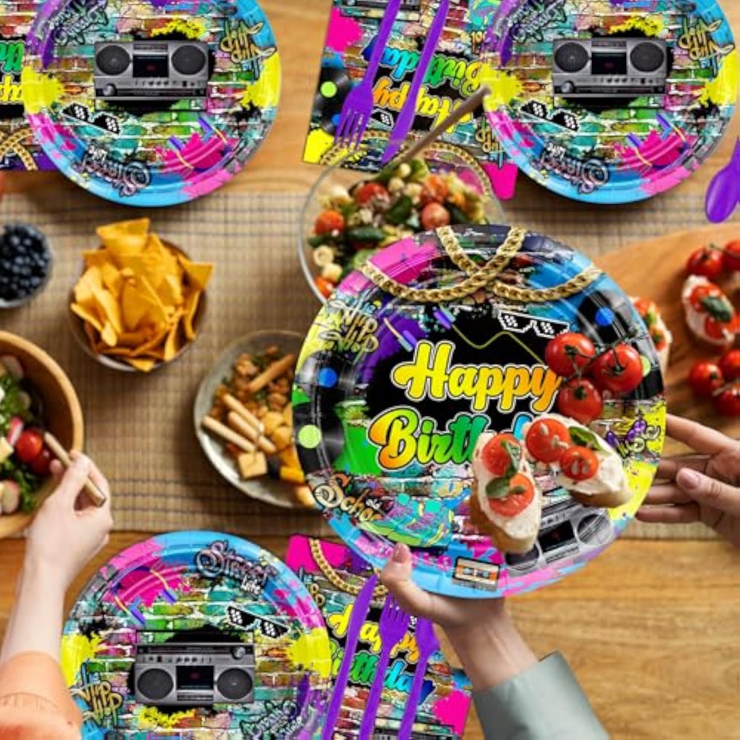 192 Pcs 80’S Party Tableware Set 80S Birthday Hip Hop Party Table Decorations Supplies Retro 80S Theme Paper Plates, Napkins, Cups And Plastic Cutlery For 24 Guests