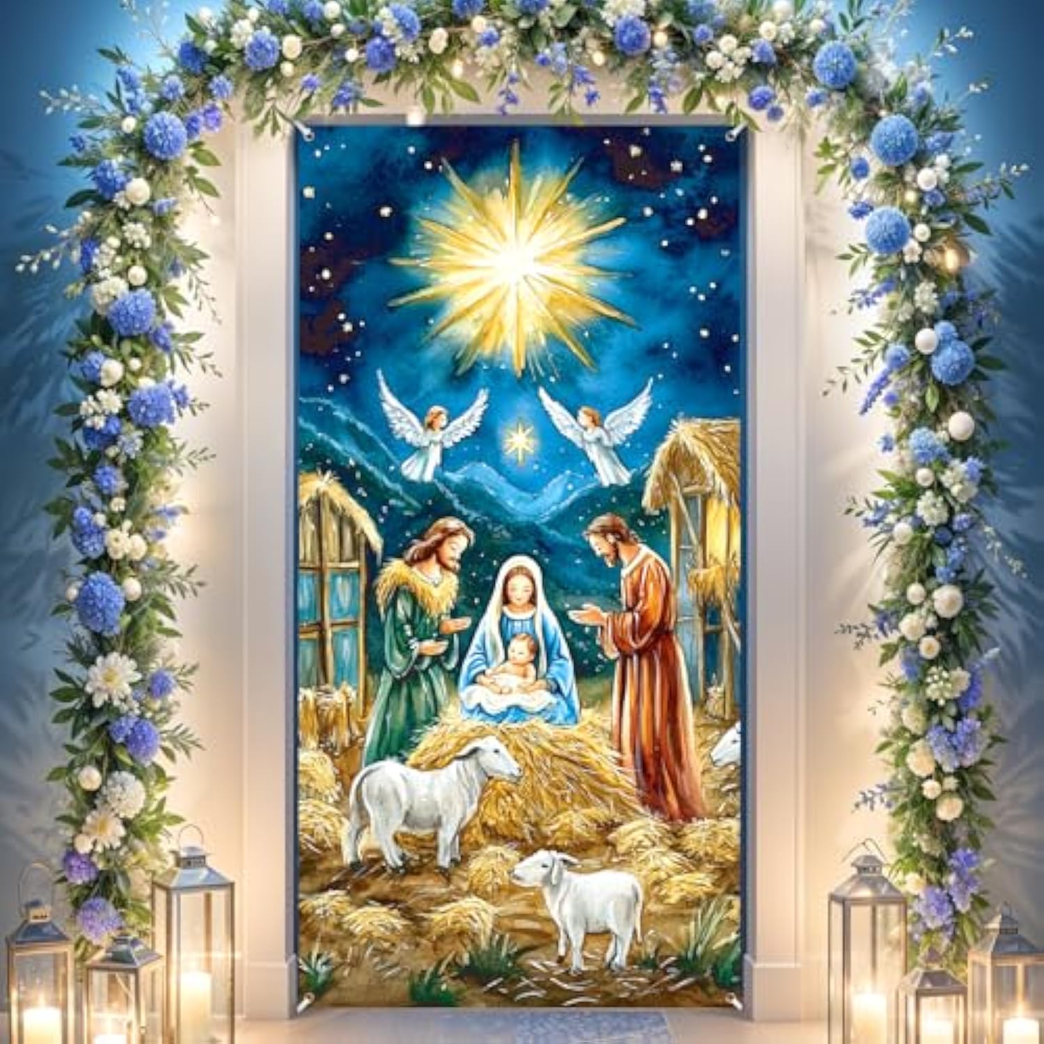 Nativity Christmas Door Cover Decorations - Jesus Holy Night Banner Blue Gold Religious Xmas Scene Sheep Front Door Cover Banner Backdrop For Holiday Farmhouse Decor