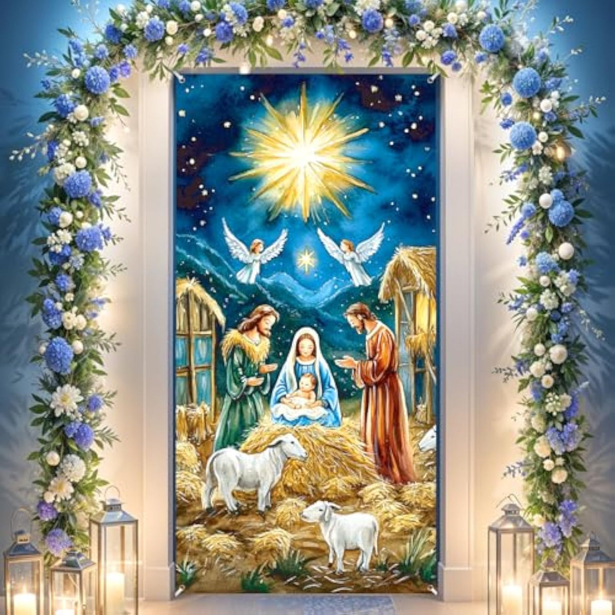 Nativity Christmas Door Cover Decorations - Jesus Holy Night Banner Blue Gold Religious Xmas Scene Sheep Front Door Cover Banner Backdrop For Holiday Farmhouse Decor