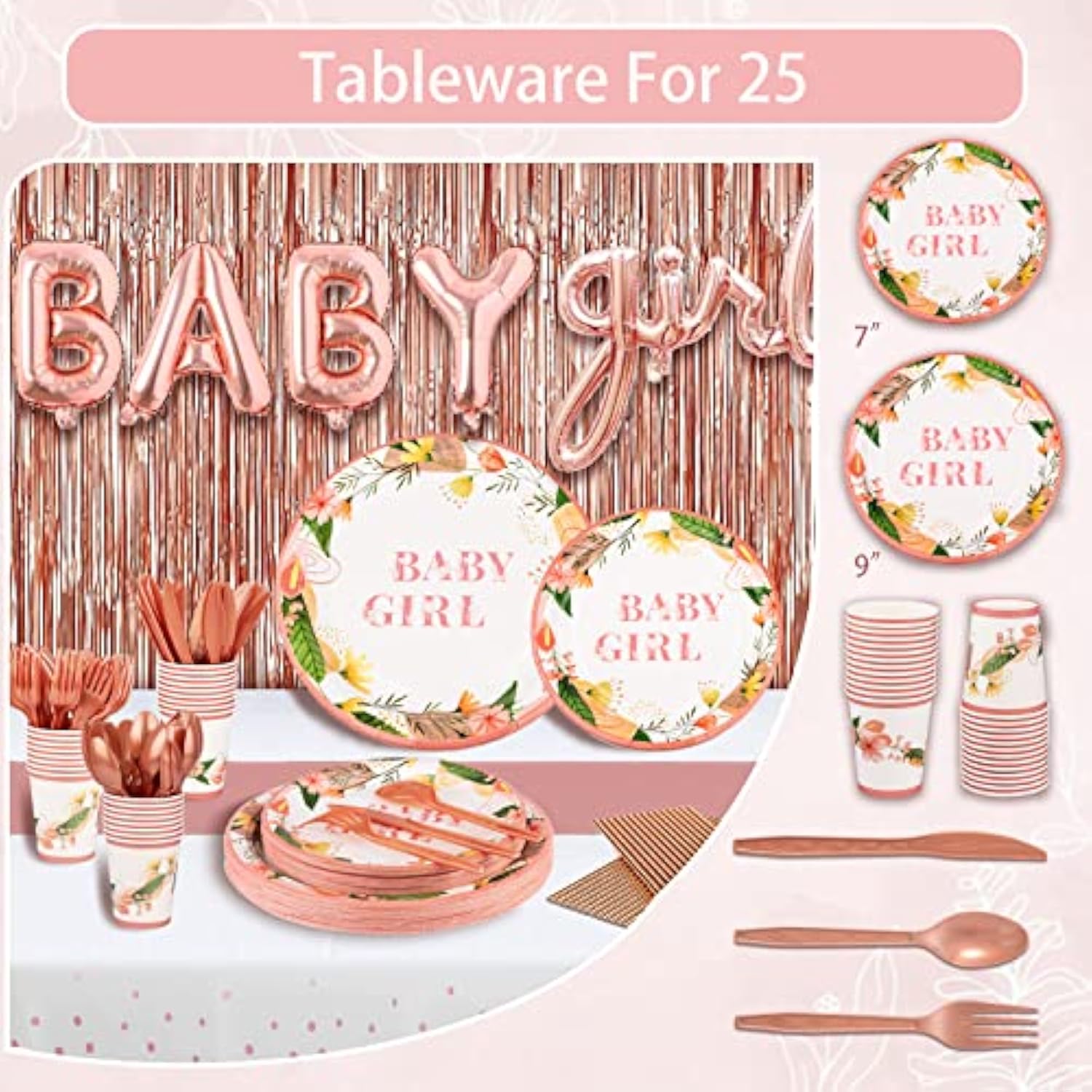303PCS Pink Rose Gold Baby Shower Decor & Dinnerware Set for 25 Guests