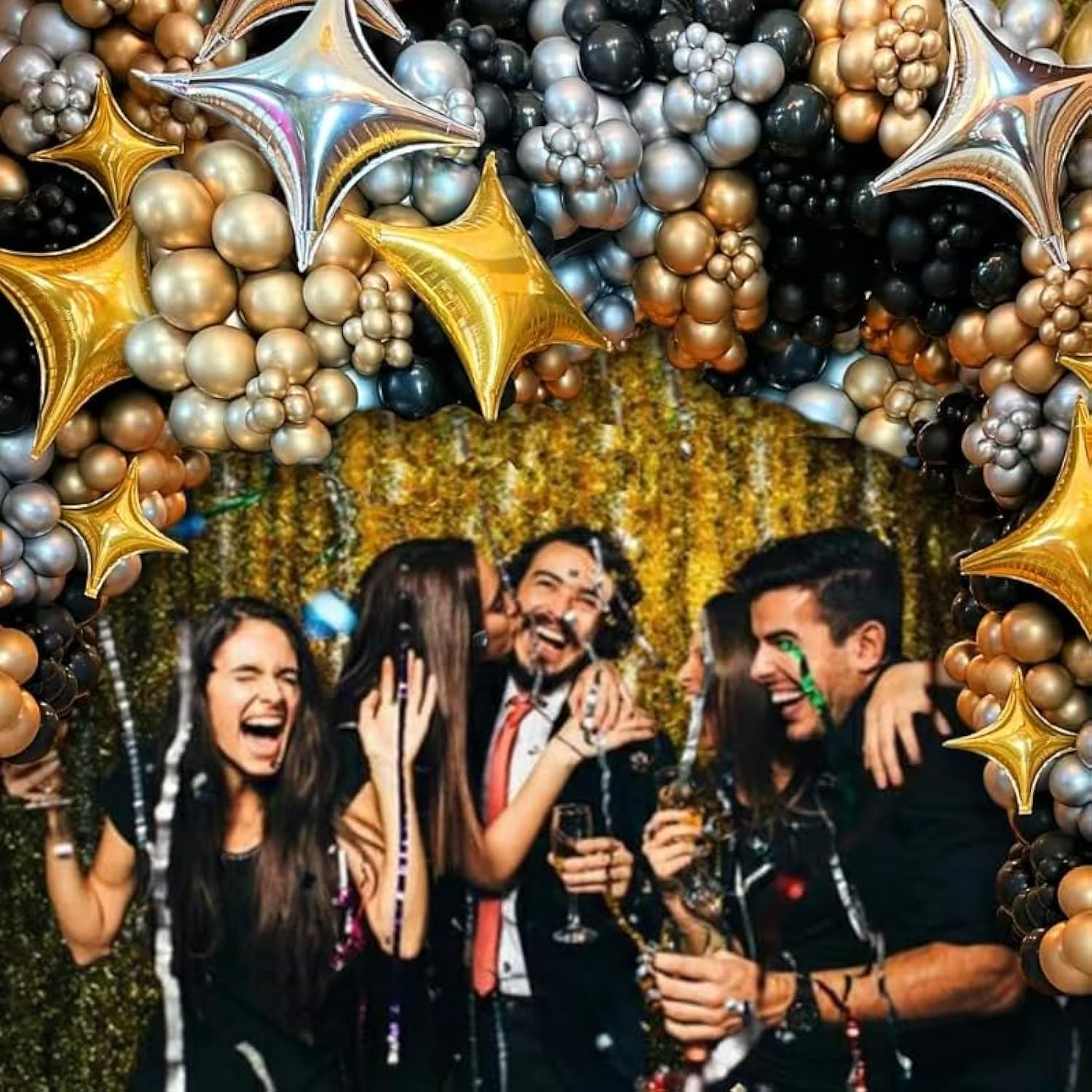 Black & Gold Balloon Arch Kit Metallic Silver Star Foils & 2025 NYE Party Decor