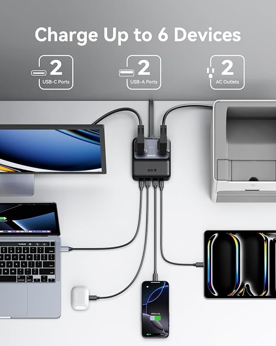 65W Fast Charging Travel Power Strip with USB C and 5ft Cord