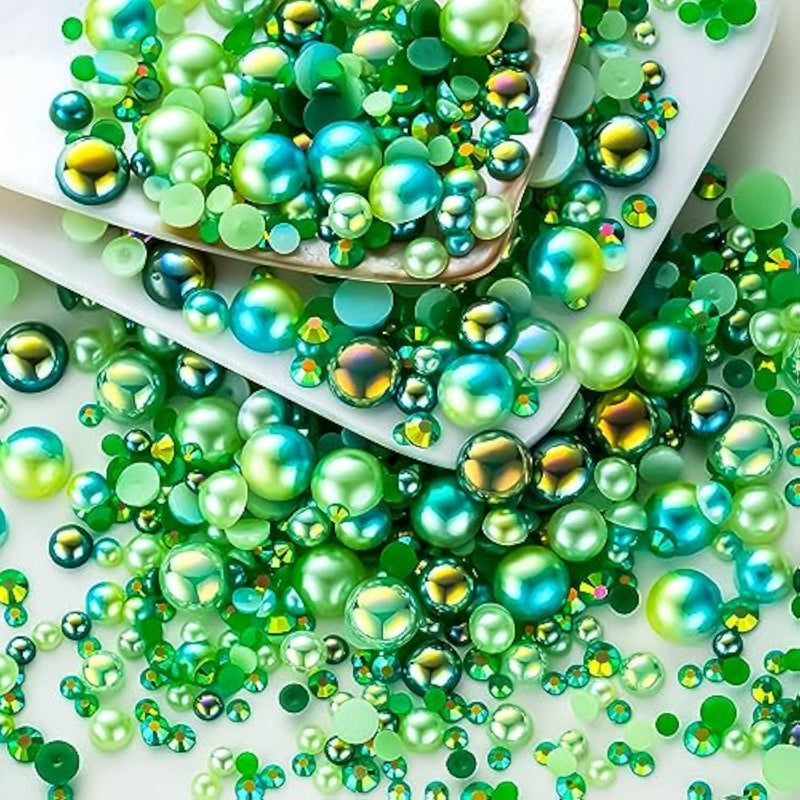60G Cyan Green Flat Back Pearls Rhinestones For Crafts Mixed Size 3Mm-10Mm Ab Color Round Half Pearls Flatback Pearl Beads And Resin Rhinestones Set For Face Art With Glue