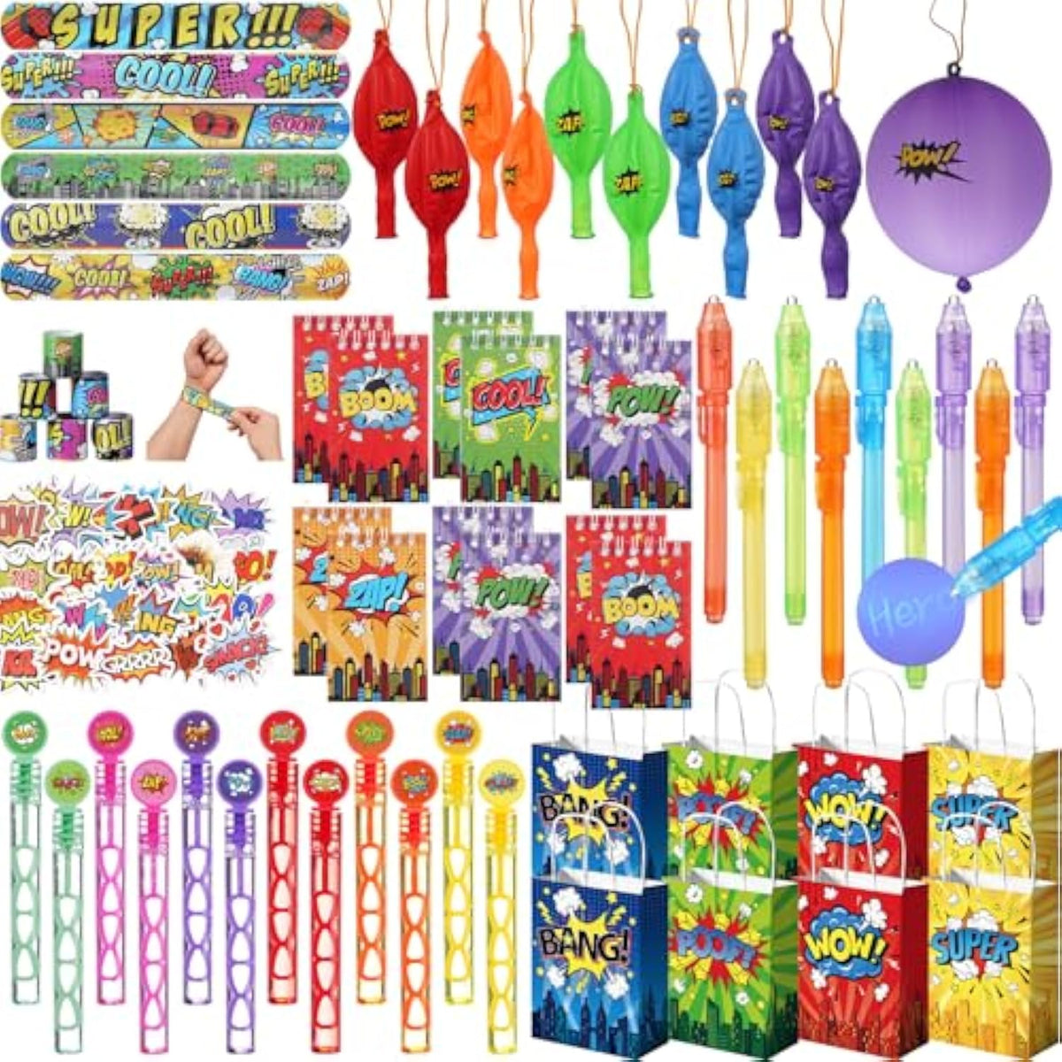 122 Pcs Hero Party Favors Birthday Party Decorations,Slap Bracelets,Stickers And Gift Bags Goodie Bag Stuffers Classroom Rewards Piñata Fillers For Kids Boys Theme Party Supplies