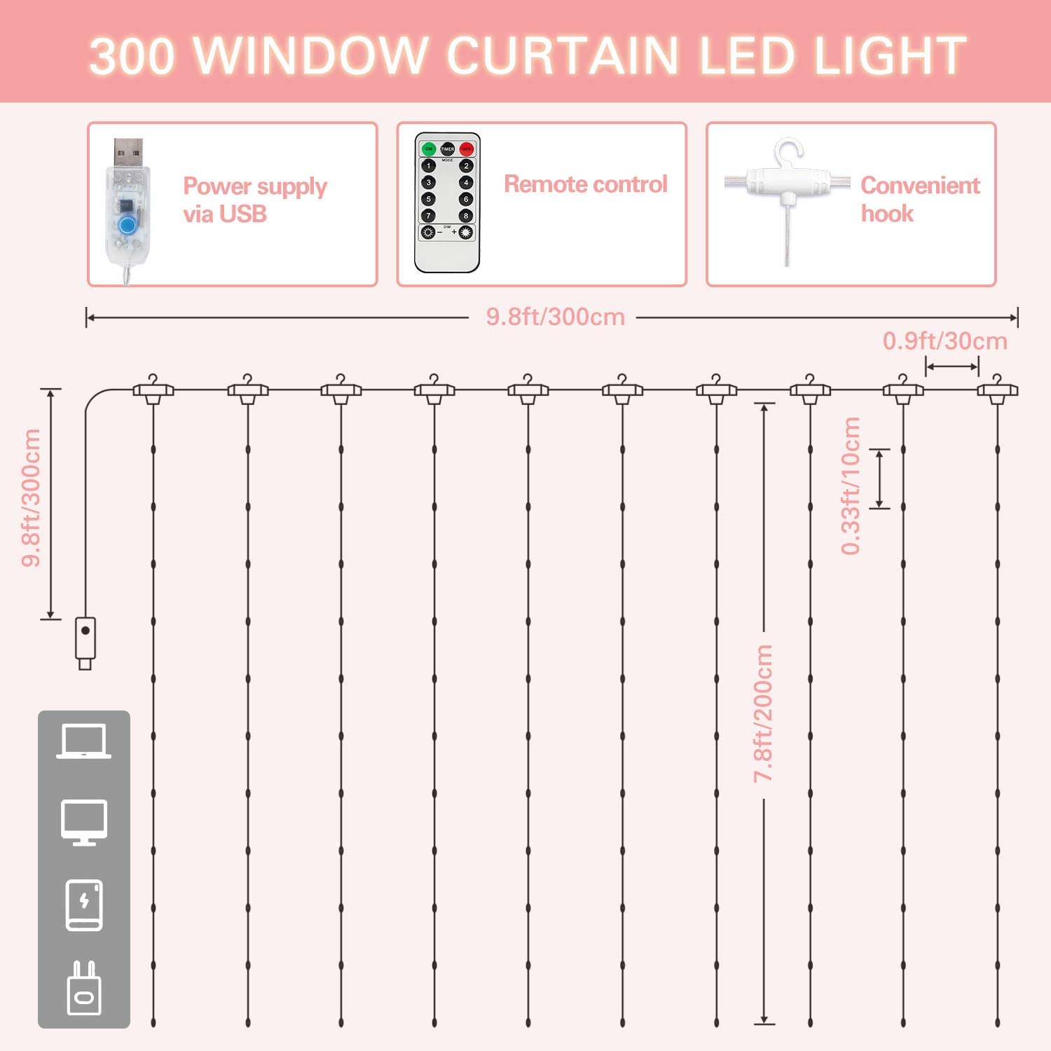Led Curtain Lights Christmas, 300 Leds 9.8Ft X 9.8Ft Usb Curtain String Light With 8 Lighting Modes Wall Lights With Rem