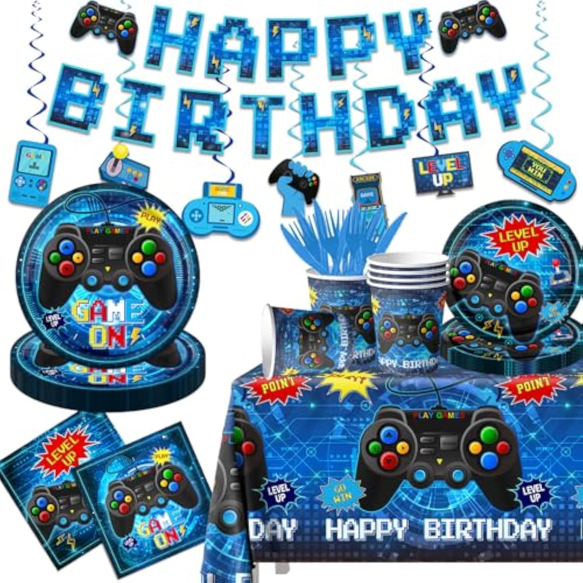 Video Game Birthday Decorations,142Pcs Gamer Birthday Party Decorations Tableware Plates And Napkins,Banner,Tablecloth,Cup,Blue Video Game Decorations For Boys Birthday Party Decorations