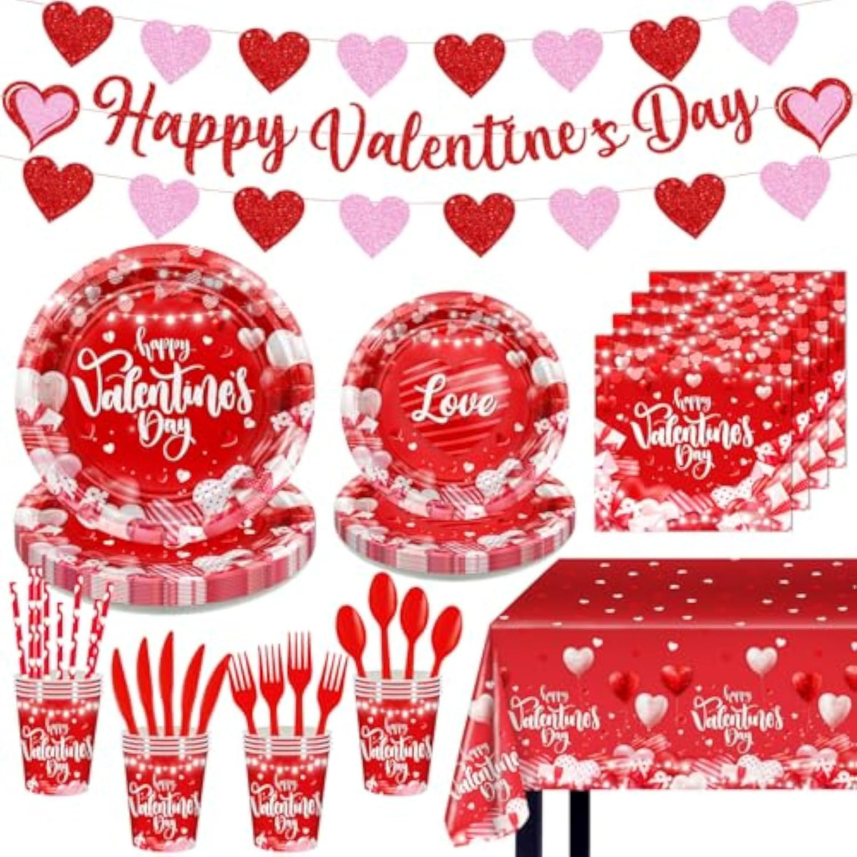 Valentine'S Party Decorations 196 Pcs Valentines Plates And Napkins,Cups,Tablecloth Serve 24 Red Heart Valentine Banner Happy Valentine'S Day Dinnerware Set Valentines Party Supplies