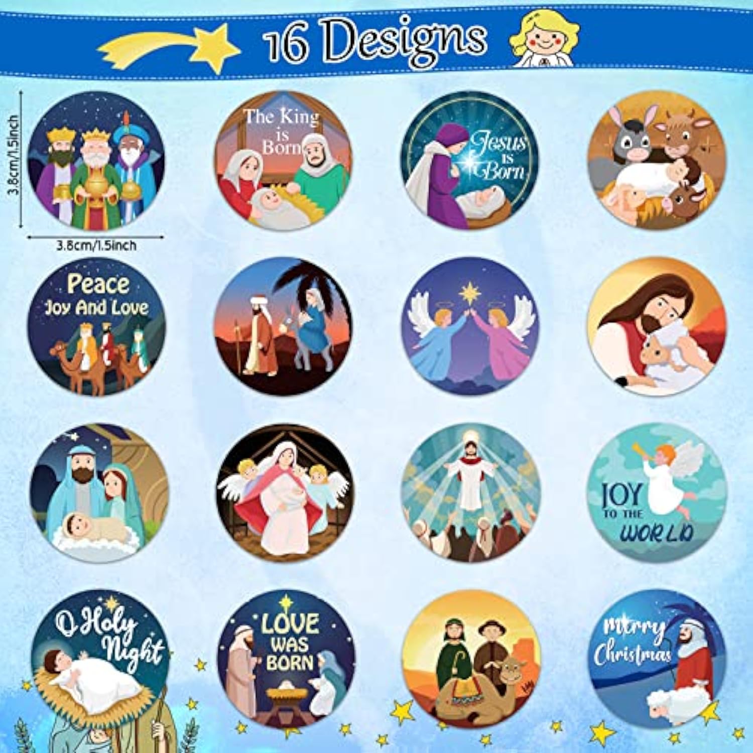 800 Pcs Christmas Religious Stickers Christmas Nativity Stickers Jesus Sticker Christian Christmas Faith Roll Sticker Labels For Xmas Cards Envelopes Candy Favor Craft,16 Designs (Cartoon Style)