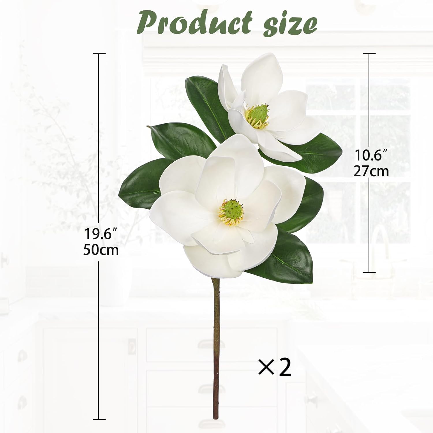 Artificial Magnolia Flower Stems Set Of 2 – 19.6” Faux White Magnolia Picks With Large Blooms And Green Leaves For Home Decor, Wedding Centerpieces, Floral Arrangements, Diy Crafts