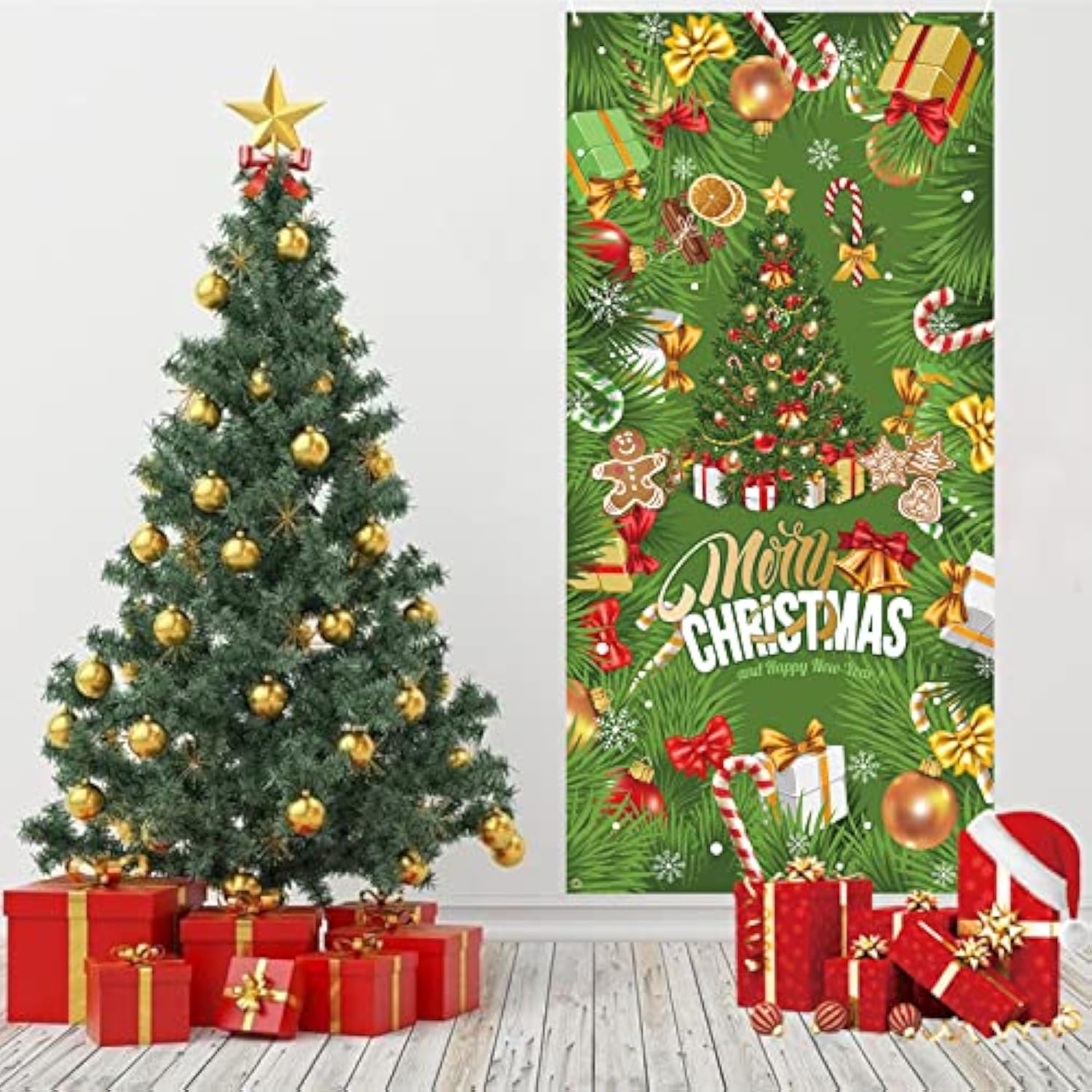 Christmas Door Cover Banner, Green Glitter Christmas Tree Backdrop Banner With Gift Boxes Candy Cane, Xmas Decorations Door Sign Banner For Outdoor Home Yard Garden New Year Party Decor, 90X185Cm