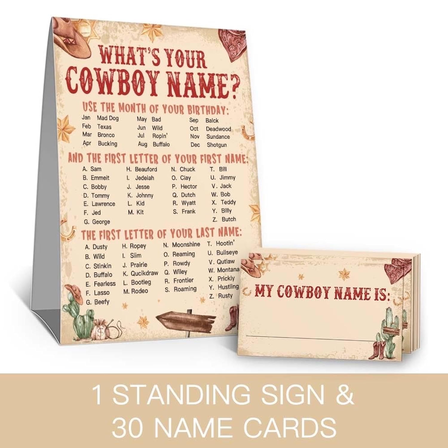What'S Your Cowboy Name Game Set, (1 Cowboy Theme Sign And 30 Name Cards), Birthday Game, Western Wild Birthday Party Supplies, Cowboy Party Supplies