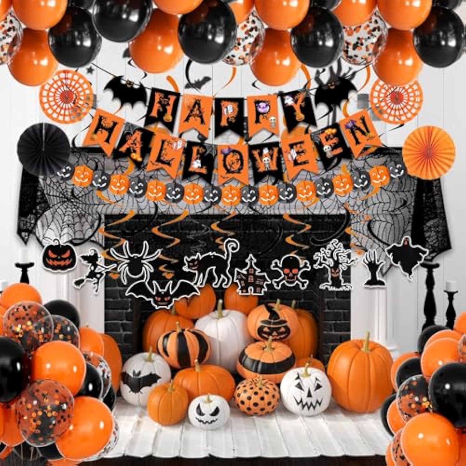 Happy Halloween Banner Balloons Swirl Streamers Paper Fans Pumpkin Bat Ghost Decor