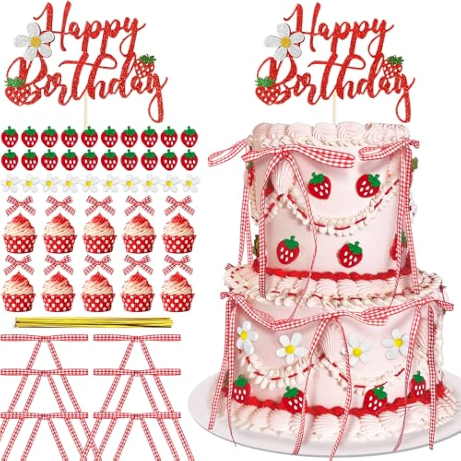 71Pc Strawberry Bow Cake Decorations Set Toppers for Birthday/Shower/Graduation