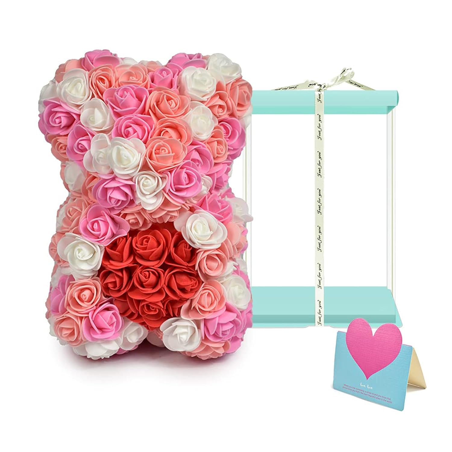 Rose Bear Handmade Flower Bears For Mothers Day, Valentines Day & Anniversary, Rose Teddy Bear With 10 Inch Blue Box (Tricolor Pink)