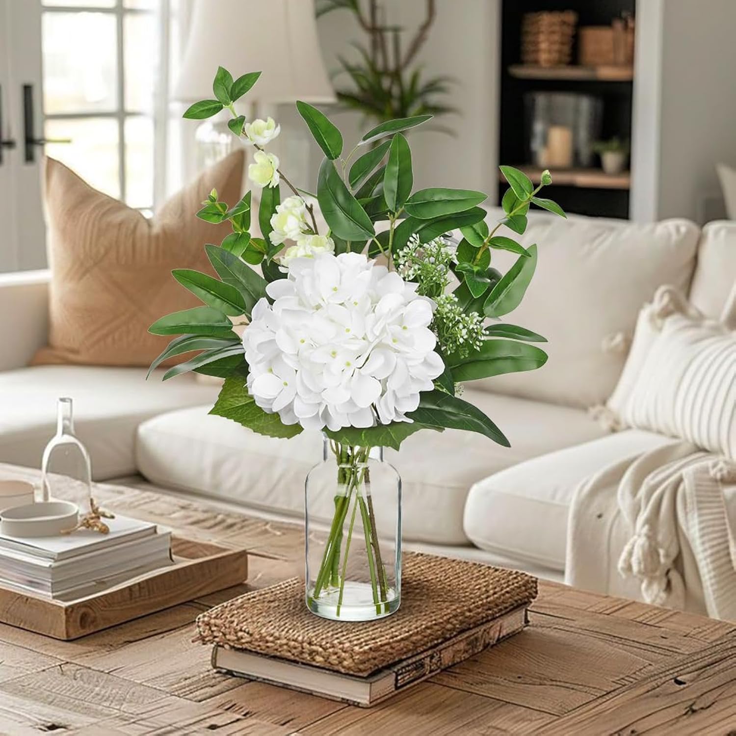 Fake Flowers In Vase With Faux Water, Hydrangea Artificial Flowers In Vase With Eucalyptus, Fake Flower Arrangements For Living Room, Bathroom, Dining Table Home Decor Wedding Centerpieces, White