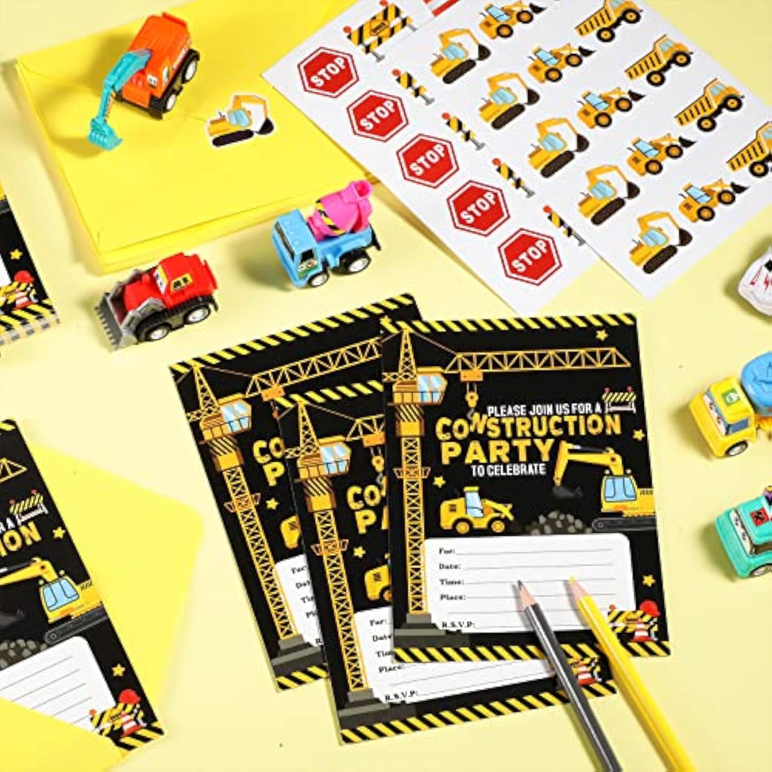 30 Pack Construction Party Invitations Construction Zone Birthday Invites With Yellow Envelopes And Stickers For Boy Kids Construction Dump Trucks Party Decoration Supplies
