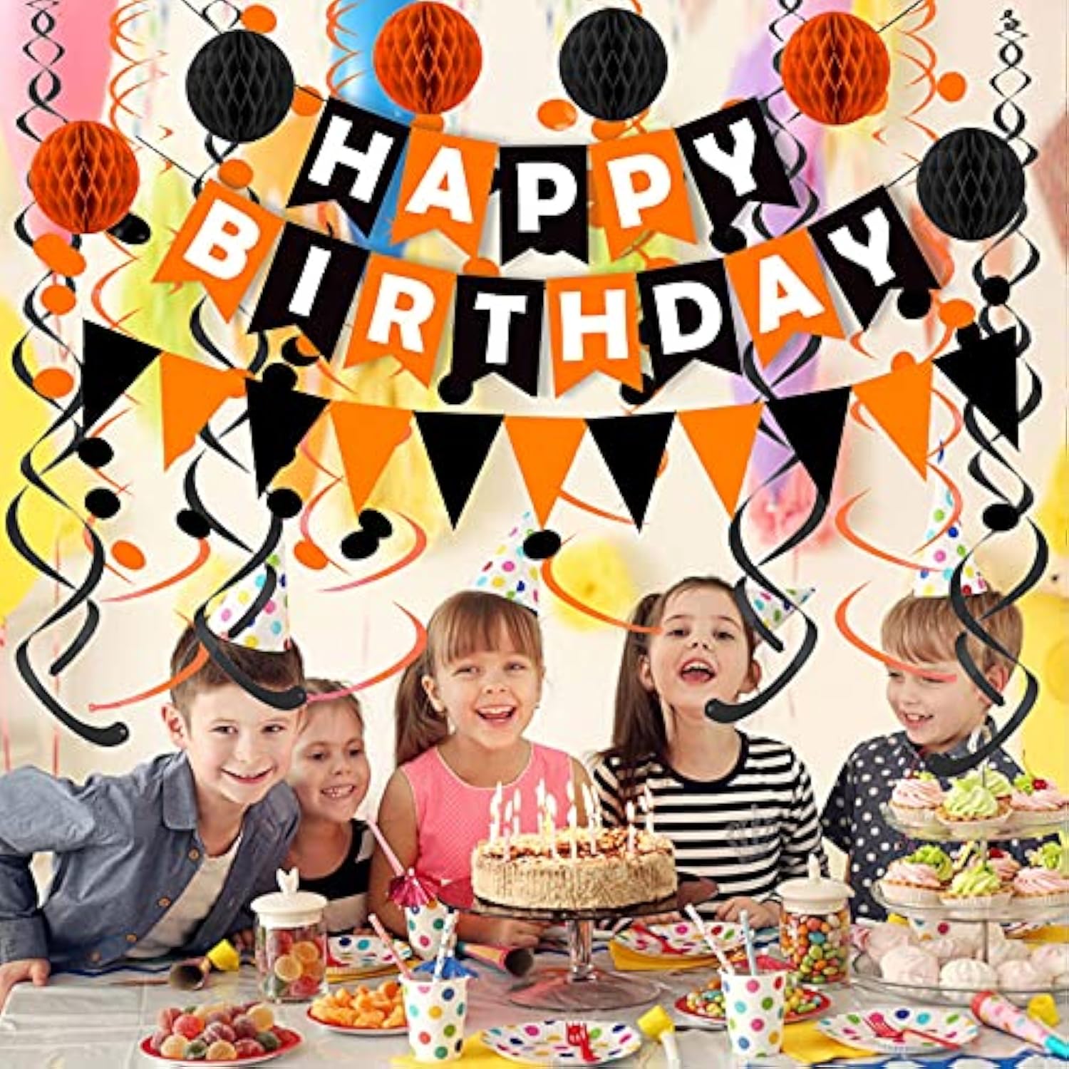 Black Orange Happy Birthday Banner Triangle Flag Bunting with Confetti Dots and Streamers
