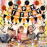 Black Orange Happy Birthday Banner Triangle Flag Bunting with Confetti Dots and Streamers